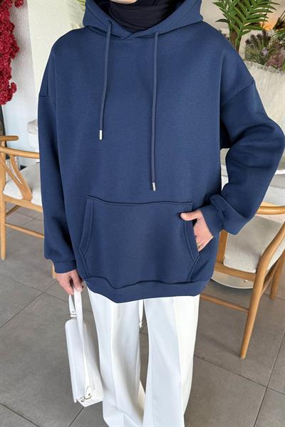Üç İplik Kanguru Cep Sweatshirt İndigo