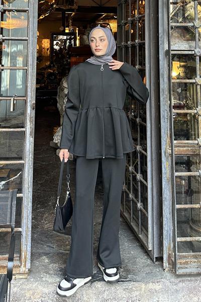 Volan Detaylı İkili Scuba Takım Siyah