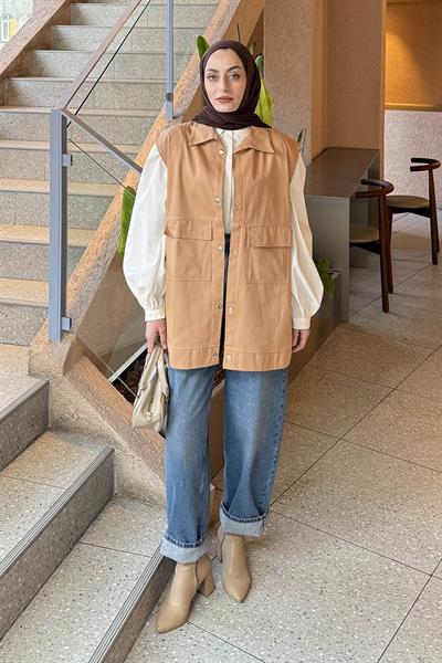 Önü Çıtçıt Düğmeli Yelek Camel