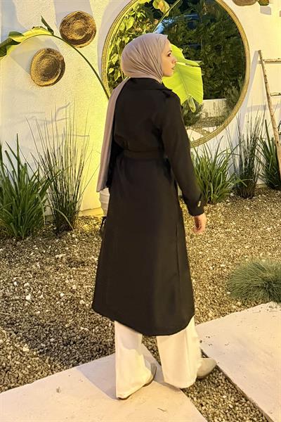 Kuşaklı Omuz Apoletli Trençkot Siyah