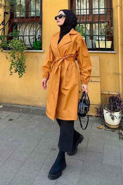 Balon Kol Kuşaklı Trençkot Hardal Sarısı