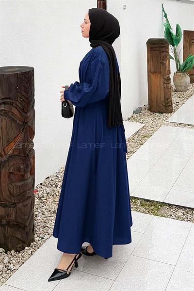 Pileli Poplin Elbise Lacivert