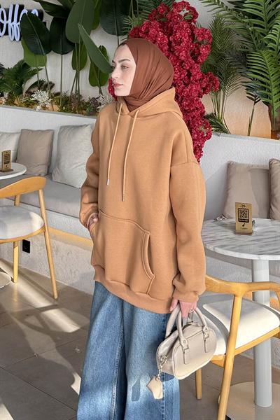 Üç İplik Kanguru Cep Sweatshirt Camel