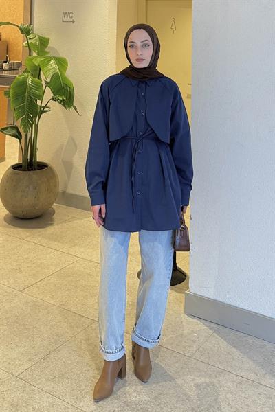 Pelerin Detaylı Gömlek Lacivert