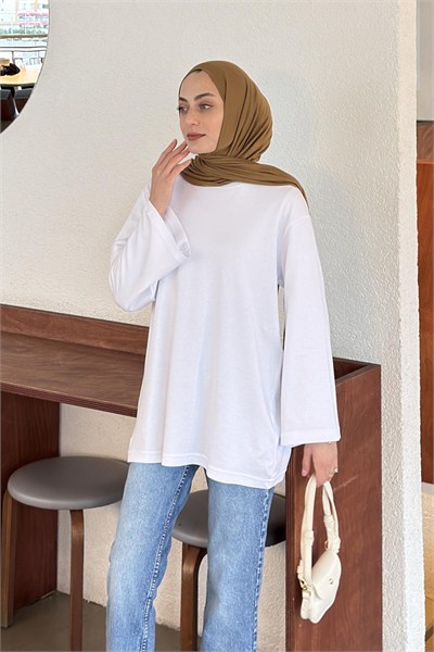 Bisiklet Yaka Basic Bluz Beyaz