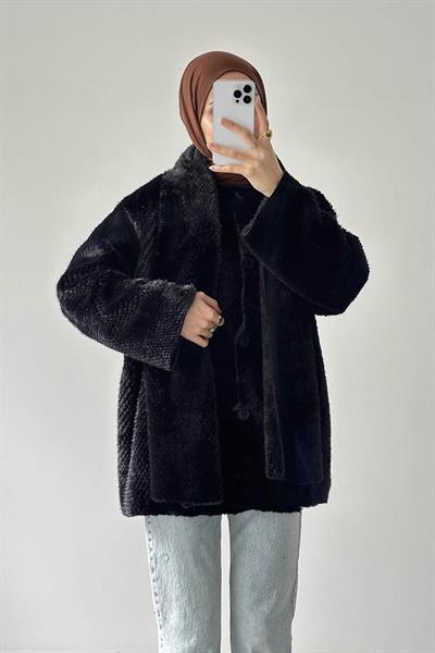 Peluş Atkılı Mont Siyah