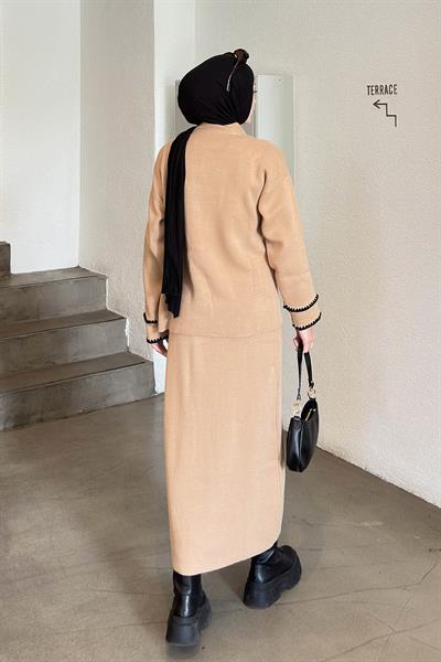 Etek-Hırka Tesettürlü Triko Takım Sütlü Kahve