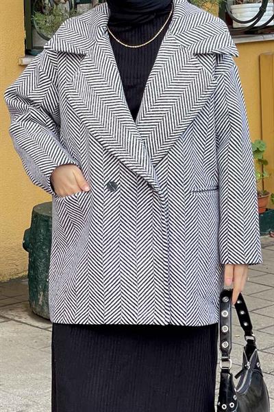 Zikzak Desen Balık Sırtı Kaban Siyah beyaz