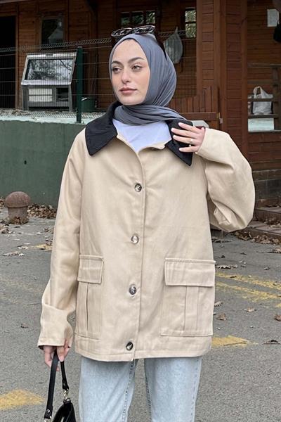 Yaka Detaylı Düğmeli Gabardin Ceket vizonrengi