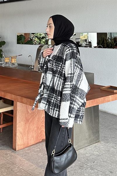 Bağlamalı Kaşe Ekose Kimono Beyaz