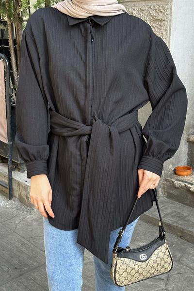 Belden Bağlamalı Tunik Gömlek Siyah