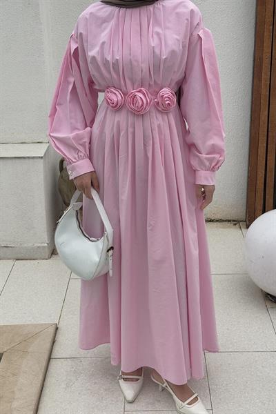 Pileli Poplin Elbise Şeker Pembesi