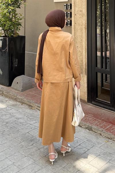 Cep Detaylı İkili Etek Tesettür Takım Camel