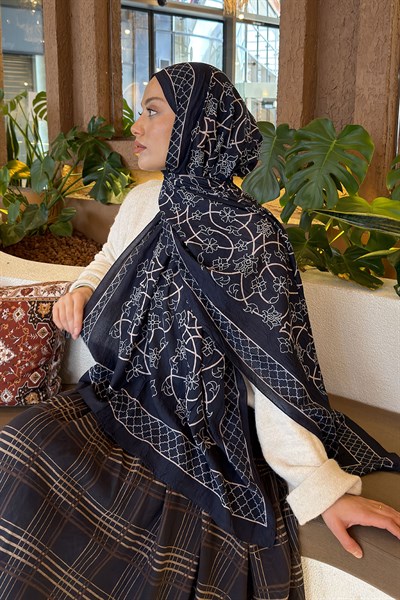 Geometrik Desen Bambu Şal Lacivert