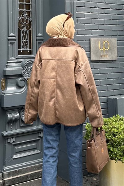 Süet Düğmeli Mont Kahverengi