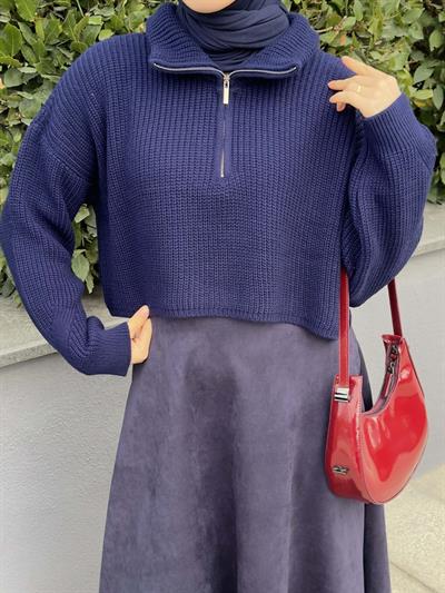 Yaka Fermuarlı Crop Triko Kazak Lacivert