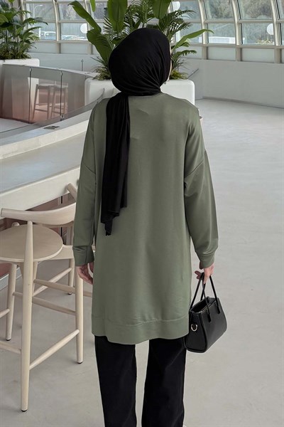 İki iplikli Arma Detaylı Sweat Tunik Haki