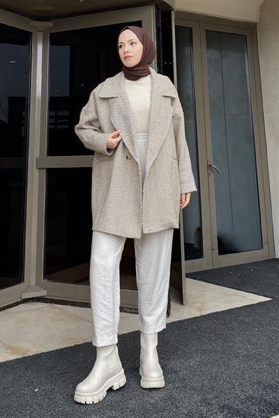 Zikzak Desen Balık Sırtı Kaban Bej