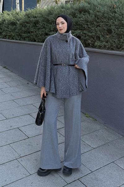 Düğmeli Kemerli Panço Gri