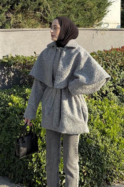 Bağlama Detaylı Pelerinli Kaban Gri