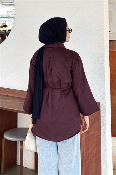 Bağlama Detaylı Süet Gömlek Mürdüm