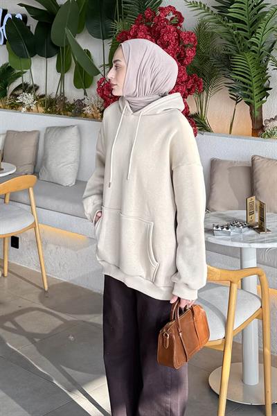 Üç İplik Kanguru Cep Sweatshirt Bej