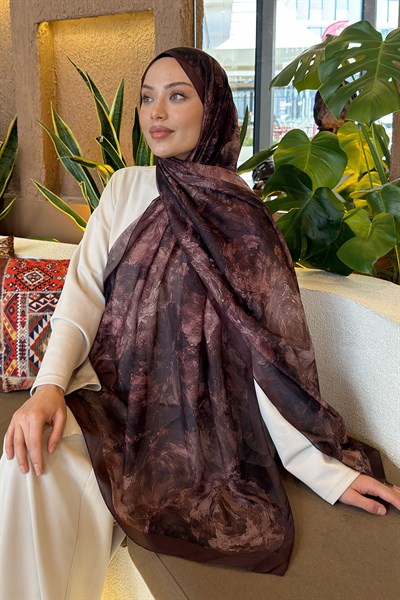 Gül Çiçek Desen Ferah Şal Çikolata Kahve