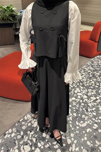 Düğmeli Yelekli Takım Siyah