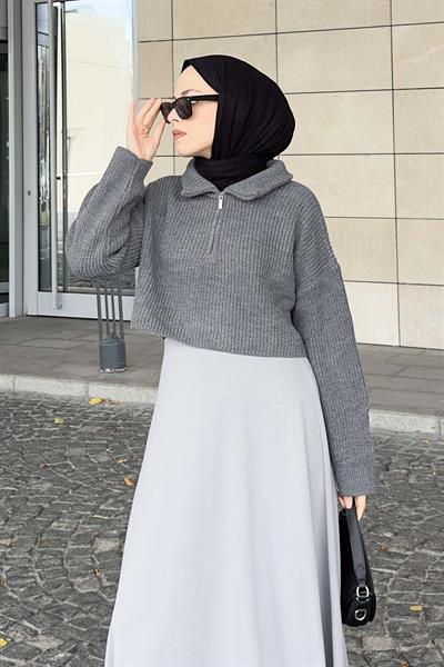 Yaka Fermuarlı Crop Triko Kazak Gri