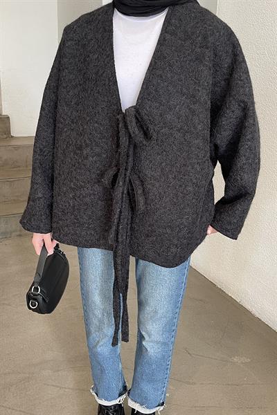 Bağlamalı Kaşe Kimono Siyah