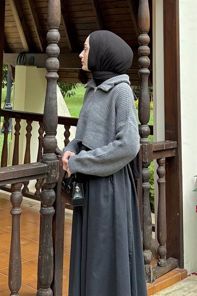 Yaka Fermuarlı Crop Triko Kazak Antrasit