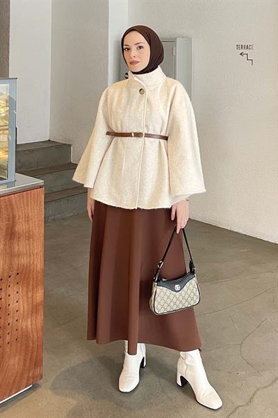 Hakim Yaka Kemer Detaylı Kaşe Panço Krem