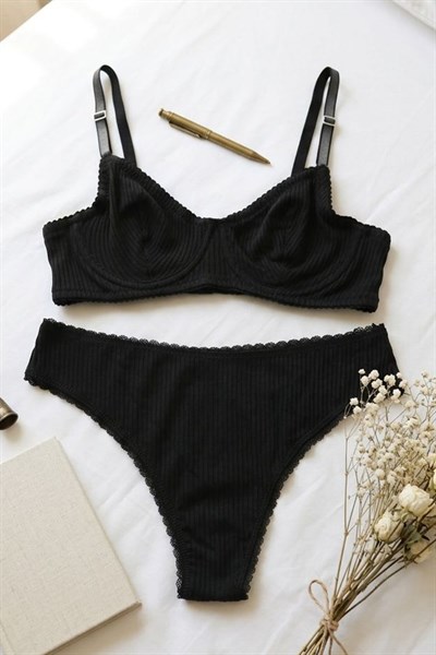 Fitilli Kaşkorse Sütyen Takım Siyah