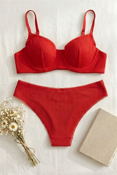 Fitilli Kaşkorse Sütyen Takım Kırmızı