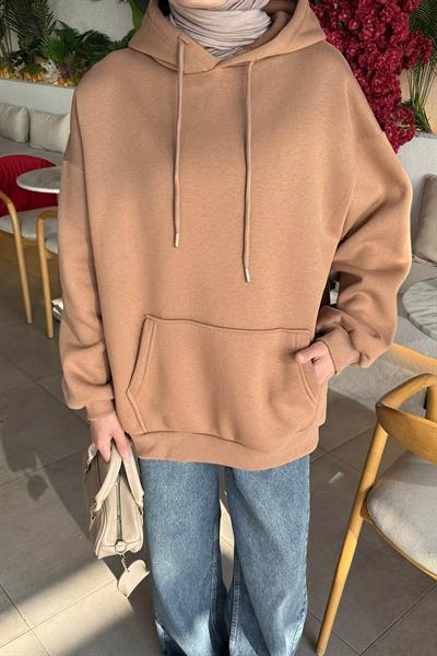 Üç İplik Kanguru Cep Sweatshirt Sütlü Kahve