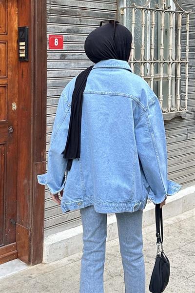 Çift Cepli Oversize Ceket Buz Mavisi