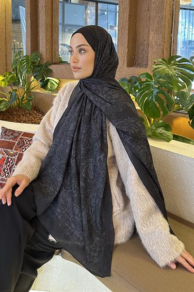 Retro Desen Bambu Şal Siyah Gri