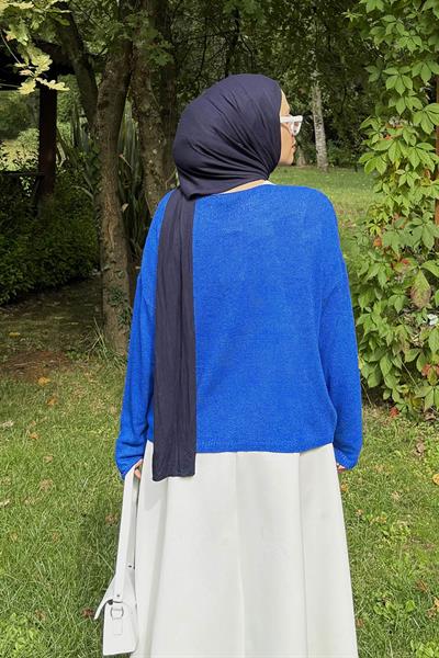 Kayık Yaka Triko Kazak Saks Mavisi