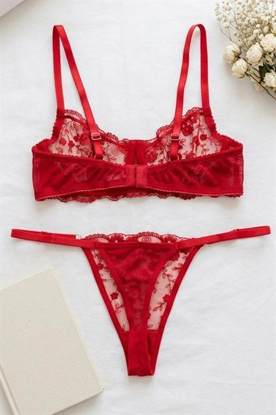 Dantel Desenli  Sütyen Takım Kırmızı