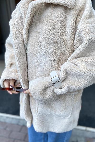 Kol Detaylı Fermuarlı Teddy Mont Taş