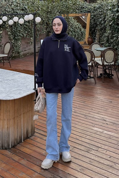 Fermuar Yakalı Paris Nakışlı Sweatshirt Lacivert
