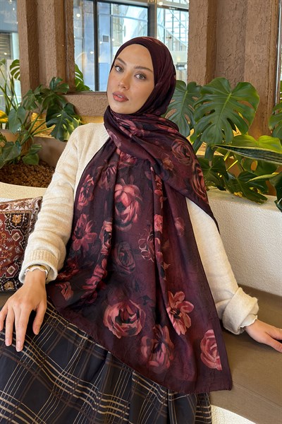 Çiçek Desen Bambu Şal Koyu Bordo