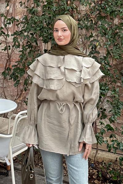 Geniş Katlı Yakalı Gömlek Haki
