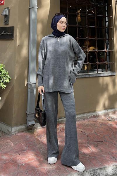 Düz İkili Triko Tesettür Takım Füme
