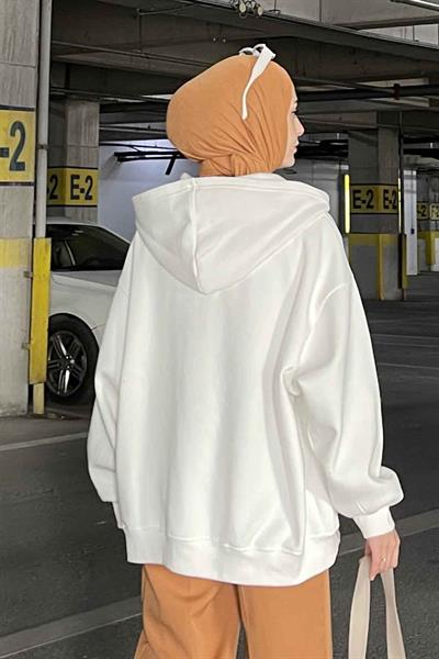 Kapüşonlu Oversize Yan Cepli Sweat Beyaz