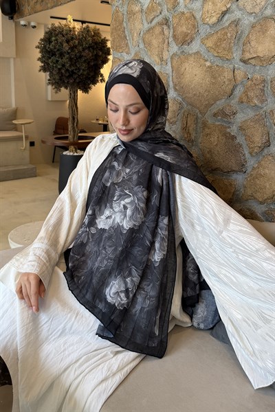 Vintage Flower Desen Bambu Şal Siyah