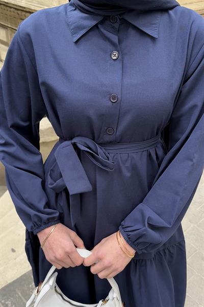 Yarım Düğme Detaylı Terikoton Elbise Lacivert