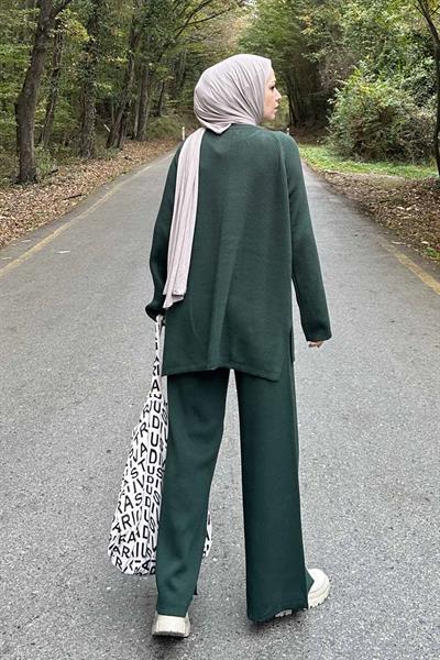 Basic Pantolon Önü Yırtmaçlı Triko Tesettür Takım Haki