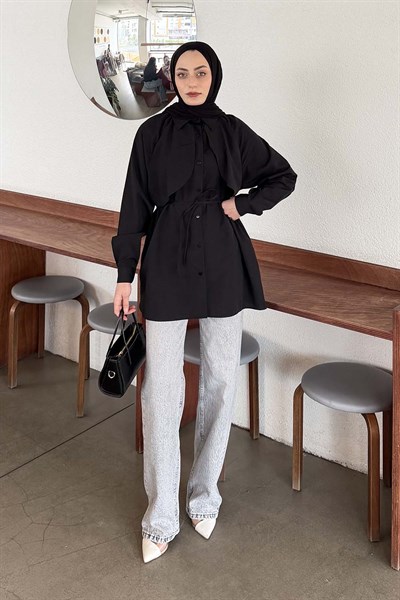 Pelerin Detaylı Gömlek Siyah