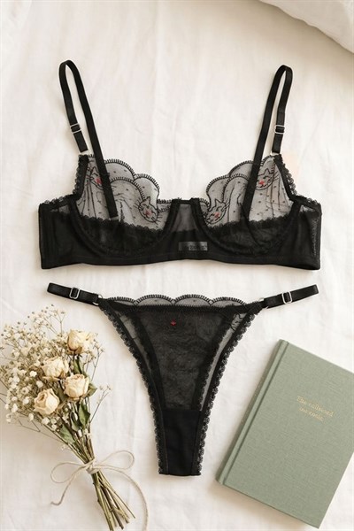 Kedi Desen Brode Takım Sütyen Takımı Siyah